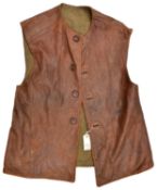 A WWII "Jerkin, Leather, Coat" of tan leather, khaki cloth lining, 4 buttons to front, factory label