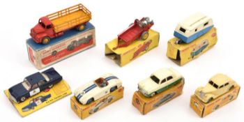7 Dinky Toys. Leyland Comet Lorry, red and yellow example. Cunningham C-5R. Ford Zodiac and a