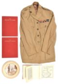 An Indian Police officers khaki linen jacket, WM KC buttons, medal ribbons WWI, WWII etc (rank