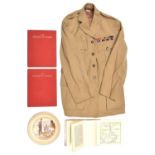 An Indian Police officers khaki linen jacket, WM KC buttons, medal ribbons WWI, WWII etc (rank