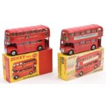 2 Dinky Routemaster Double Deck Buses (289). Both in bright red L.T. livery, one with TERN Shirts