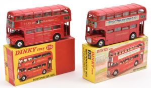 2 Dinky Routemaster Double Deck Buses (289). Both in bright red L.T. livery, one with TERN Shirts