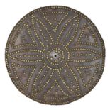 A heavy 18th century Scottish targe, the front brown leather covered, and with brass studded 6