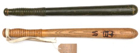 A Vic pale wooden truncheon, heat branded crown/VR, swollen ribbed grip stamped "Field 233