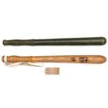 A Vic pale wooden truncheon, heat branded crown/VR, swollen ribbed grip stamped "Field 233