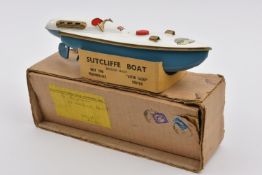 A rare Sutcliffe clockwork tinplate single hull Bluebird boat. In white and light blue with gold