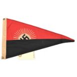 A Third Reich Hitler Youth triangular car pennant, 12" x 7", on one side the HJ symbol, the other
