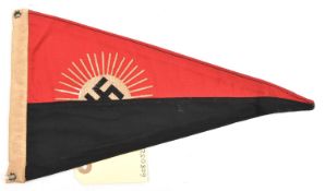 A Third Reich Hitler Youth triangular car pennant, 12" x 7", on one side the HJ symbol, the other