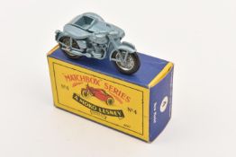 A Matchbox Series Triumph 110 and Sidecar (4c). In metallic blue with silver spoked wheels. Boxed,