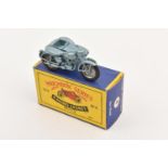 A Matchbox Series Triumph 110 and Sidecar (4c). In metallic blue with silver spoked wheels. Boxed,