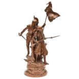 A dramatic bronzed spelter group, of a Franco Prussian War period French dismounted dragoon