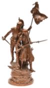 A dramatic bronzed spelter group, of a Franco Prussian War period French dismounted dragoon