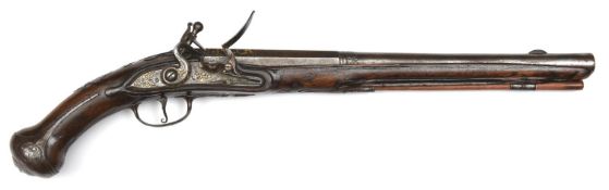 An unusually long French mid 18th century 16 bore flintlock holster pistol, 21½" overall, 2 stage