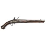 An unusually long French mid 18th century 16 bore flintlock holster pistol, 21½" overall, 2 stage