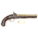 A 20 bore brass barrelled flintlock holster pistol by Ryan & Watson, c 1800, converted to percussion