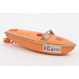 A seldom seen Sutcliffe tinplate clockwork Boat. In orange livery, an example produced for the