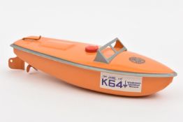 A seldom seen Sutcliffe tinplate clockwork Boat. In orange livery, an example produced for the