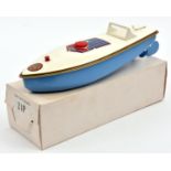 A Sutcliffe tinplate clockwork Zip Speed Boat. In white and light blue livery, with propeller and