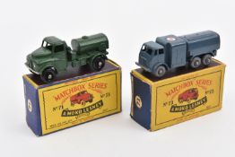 2x Matchbox Series military vehicles. An Army Water Truck (71a) in dark green with black plastic