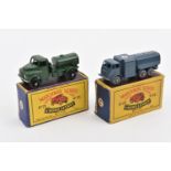 2x Matchbox Series military vehicles. An Army Water Truck (71a) in dark green with black plastic