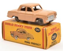 Dublo Dinky Toys Ford Prefect (061) In fawn with grey smooth plastic wheels. Boxed. Vehicle Mint. £