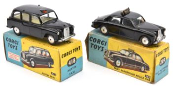 2x Corgi Toys. An Austin Taxi (418). Together with a Riley Pathfinder Police Car (209). Both