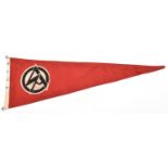 A Third Reich SA double sided triangular car pennant, 22" x 7", with overlaid SA symbol, the edge