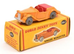 Dublo Dinky Toys Singer Roadster (062). In orange with red interior and smooth plastic wheels.