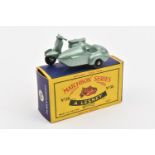 A Matchbox Series Lambretta & Side Car (36b). In metallic green with black plastic wheels. Boxed,