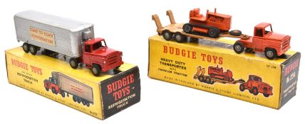 2 Budgie Toys articulated trucks. An International Refrigeration Truck (202) in red with silver