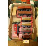 8 Hornby O gauge passenger and freight rolling stock. 2x LNER 'teak' 1st/3rd passenger coaches. An