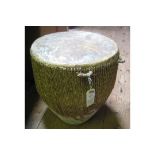 A heavy cup shaped drum, skin covered top with multi cord stretchers to base, diam 14", height