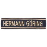 A Third Reich "Hermann Goring" cuff title, embroidered white on dark blue. GC