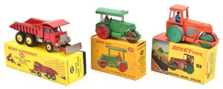 3 Dinky Toys. Foden Dump Truck with Bulldozer Blade (959), in red & silver with yellow wheels.