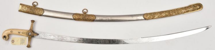 An officer's mameluke hilted levée sword, c 1840, of The 11th Hussars or The 12th Lancers, curved