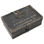 A red velvet lined black tin case, for uniform accessories, painted name on lid "C.P. Heyward Esq