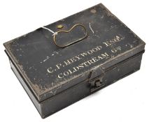 A red velvet lined black tin case, for uniform accessories, painted name on lid "C.P. Heyward Esq