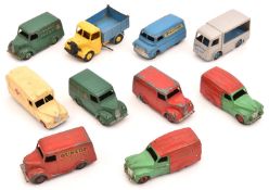 10 Dinky Toys, most for restoration. 4x Trojan vans- 2x Dunlop and 2x Chivers. Bedford CA Van,