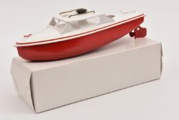 A very late issue Sutcliffe tinplate clockwork Sprite (un-named) day cruiser . In white and red