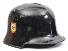 A Third Reich Fire Police double decal steel helmet, smooth black painted skull with the aluminium