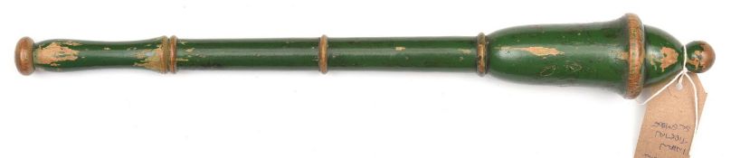 A late 19th century Indian/Tibetan baton, green painted, lidded urn shaped head and segmented