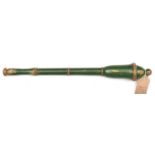 A late 19th century Indian/Tibetan baton, green painted, lidded urn shaped head and segmented