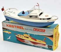 A Sutcliffe tinplate electric Kestrel Cruiser. In white and light blue livery, with propeller and