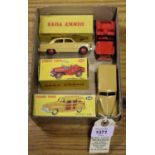 3 Dinky Toys American Cars. Ford Fordor Sedan (170) in tan with red wheels. Plus a Plymouth Estate