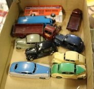 10 Dinky Toys. Morris Oxford, Hudson Commodore, 2x Austin Taxi, Triumph, Riley, Austin lorry, Half