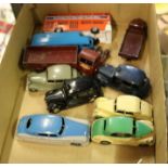 10 Dinky Toys. Morris Oxford, Hudson Commodore, 2x Austin Taxi, Triumph, Riley, Austin lorry, Half