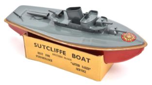 An early issue Sutcliffe tinplate clockwork FURY Motor Torpedo Boat. In dark grey and red livery,