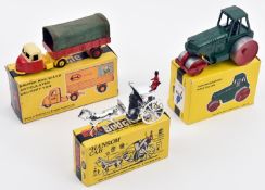 3 Budgie Toys. Aveling Barford Road Roller (701). In dark green with red/silver metal wheels. Hansom