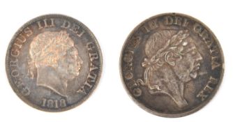 George III: AR halfcrown 1818, GVF and toned. Irish Bank token for 3 shillings 1813, VF (small