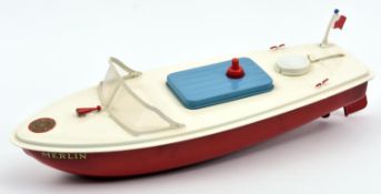 A Sutcliffe tinplate electric MERLIN Speed Boat. In off white and red livery, with blue hatch cover,